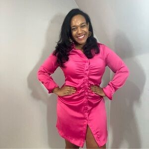 H&M hot pink satin collared shirt dress Valentine's Day Barbiecore dress Large